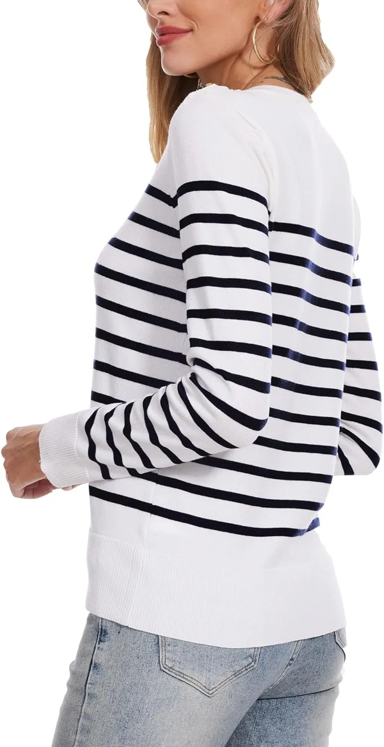 Spicy Sandia Women's Lightweight Long Sleeve Crew Neck Sweaters Striped Casual Knit Pullover Tops