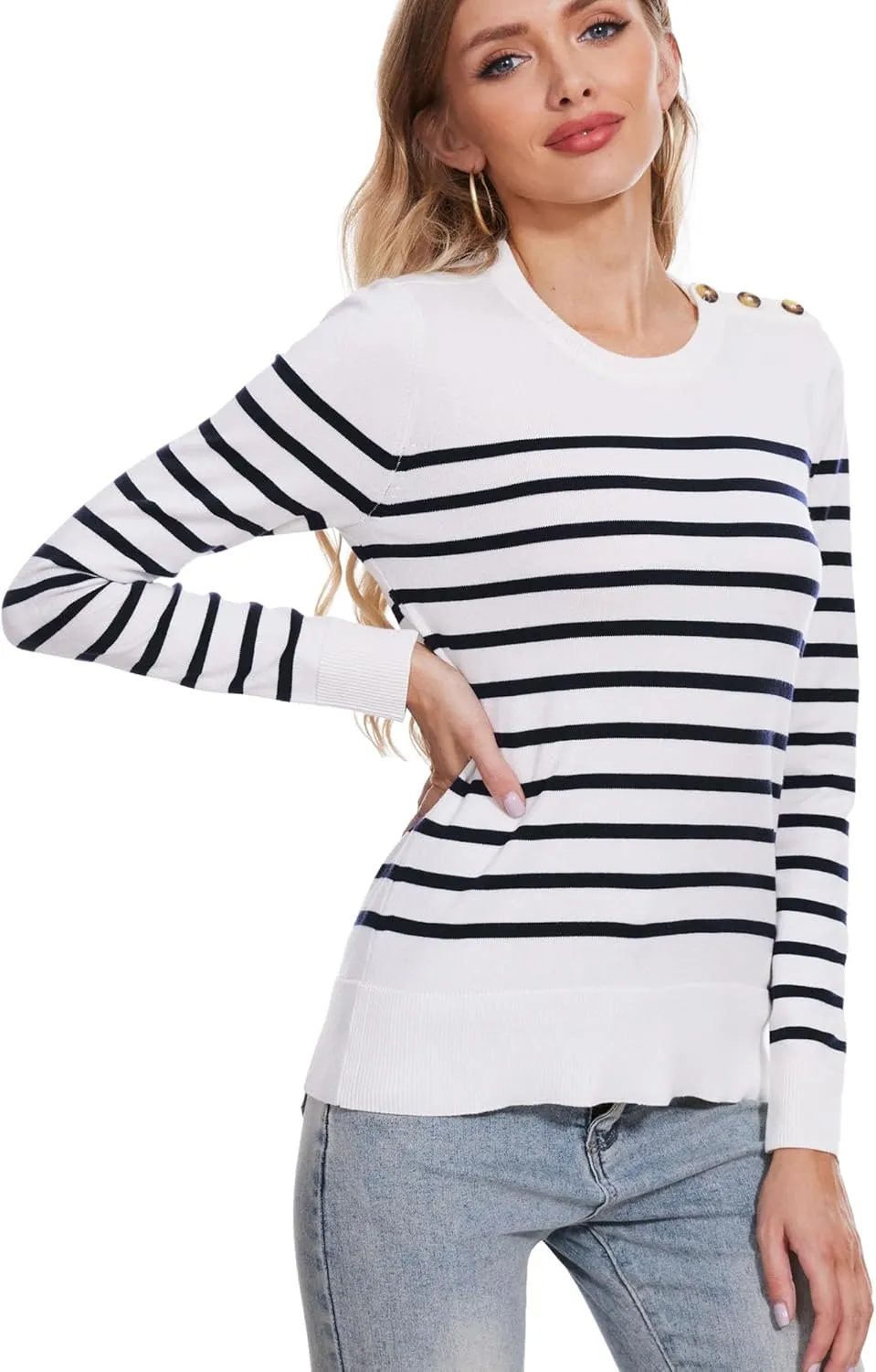 Spicy Sandia Women's Lightweight Long Sleeve Crew Neck Sweaters Striped Casual Knit Pullover Tops