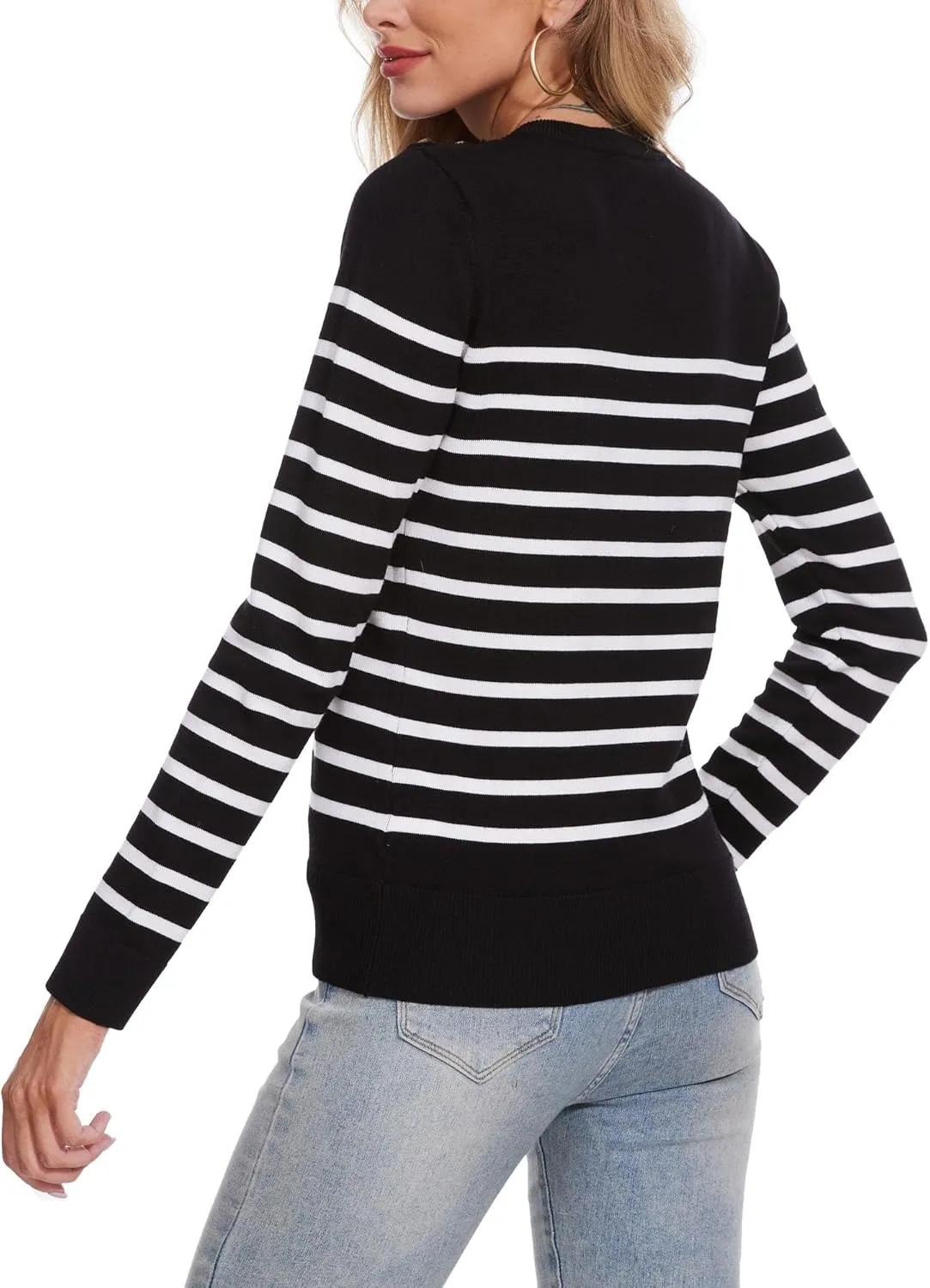 Spicy Sandia Women's Lightweight Long Sleeve Crew Neck Sweaters Striped Casual Knit Pullover Tops