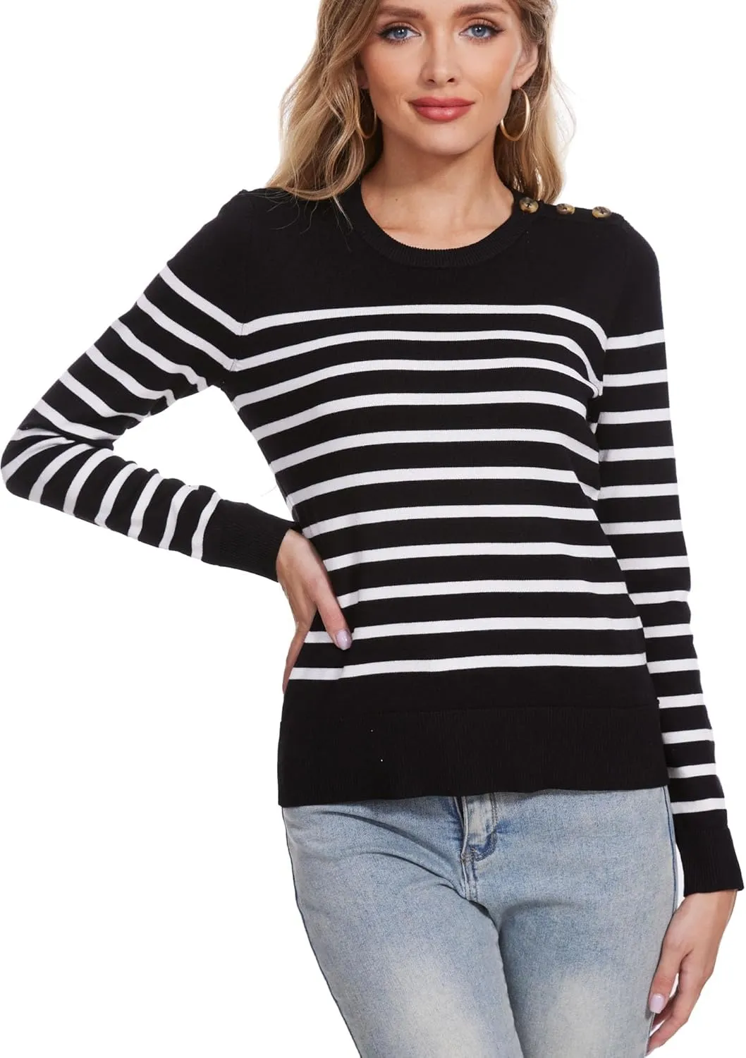 Spicy Sandia Women's Lightweight Long Sleeve Crew Neck Sweaters Striped Casual Knit Pullover Tops
