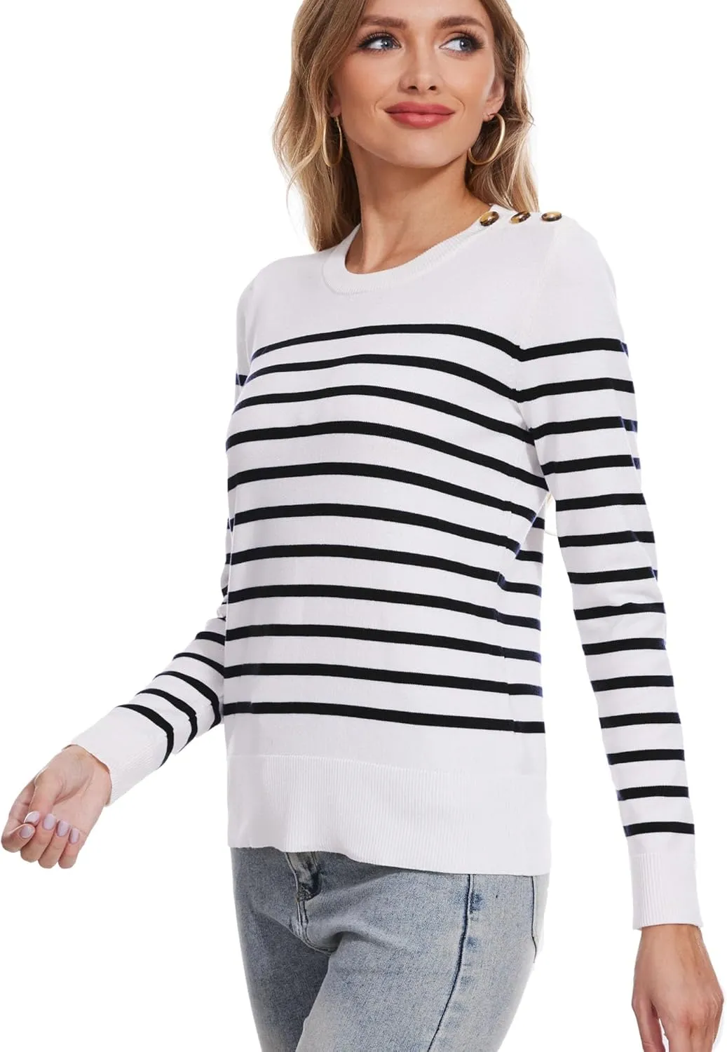 Spicy Sandia Women's Lightweight Long Sleeve Crew Neck Sweaters Striped Casual Knit Pullover Tops