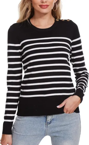 Spicy Sandia Women's Lightweight Long Sleeve Crew Neck Sweaters Striped Casual Knit Pullover Tops