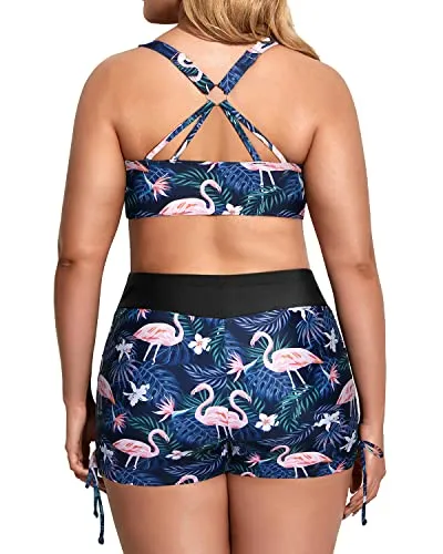 Sporty 3 Piece Plus Size Tankini Swimsuits For Women-Black Flamingo