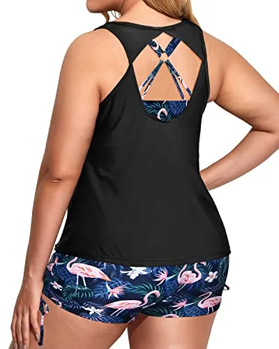 Sporty 3 Piece Plus Size Tankini Swimsuits For Women-Black Flamingo