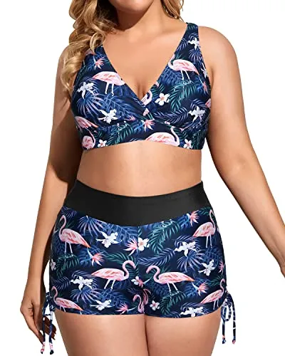 Sporty 3 Piece Plus Size Tankini Swimsuits For Women-Black Flamingo