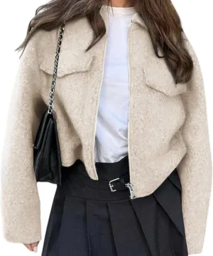 Sumleno Womens Trendy Cropped Bomber Jacket Turn-Down Collar Zip Up Long Sleeve Y2k Varsity Jackets Fall Winter Outfits