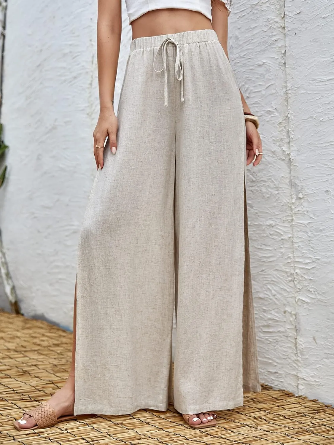 SweatyRocks Women's High Waist Drawstring Split Thigh Wide Leg Palazzo Pants