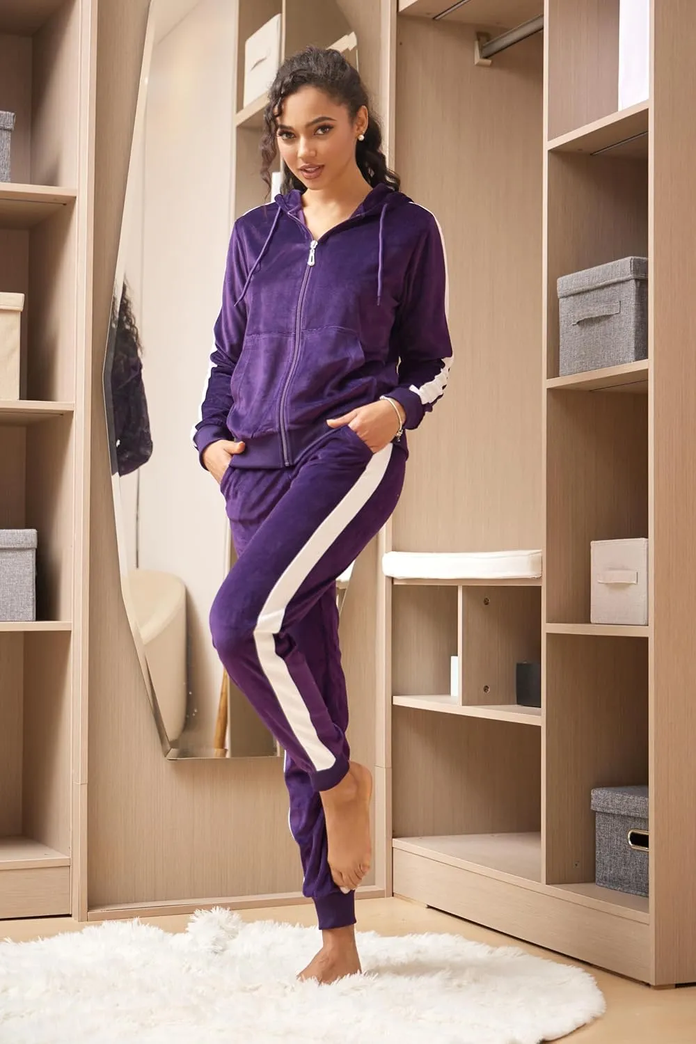 TanBridge 2 Piece Outfits Women's Velour Sweatsuits Long Sleeve Zip Up Hoodie Sweatpants Tracksuits for Women