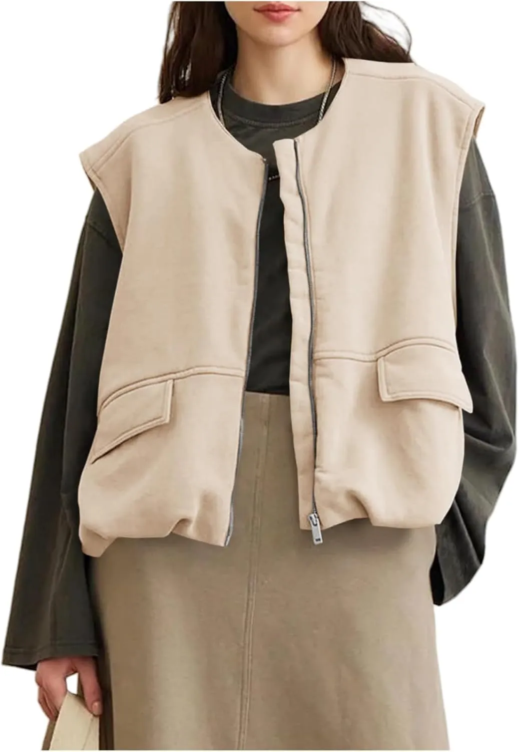 Tankaneo Womens Cargo Zip up Vest Oversized Casual Cotton Sleeveless Jackets Crew Neck Ruched Hem Gilet