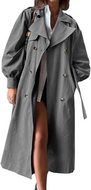 Tankaneo Womens Long Trench Coat Fall Fashion Oversized Double Breasted Lapel Overcoat Outerwear with Belt