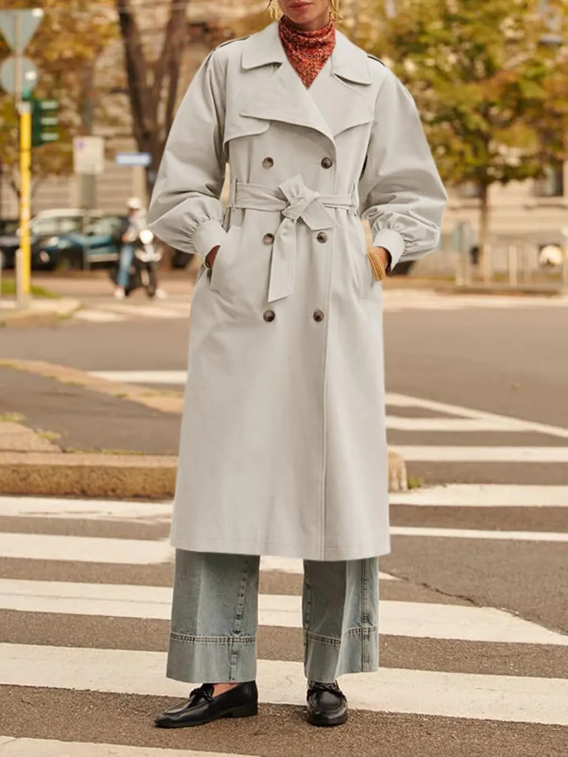 Tankaneo Womens Long Trench Coat Fall Fashion Oversized Double Breasted Lapel Overcoat Outerwear with Belt