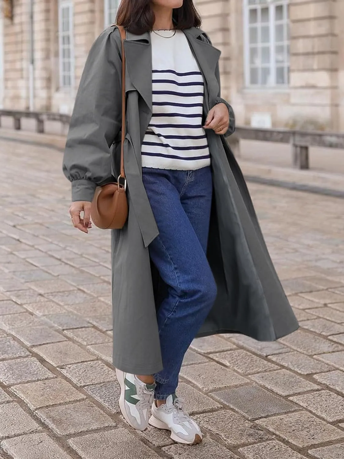Tankaneo Womens Long Trench Coat Fall Fashion Oversized Double Breasted Lapel Overcoat Outerwear with Belt
