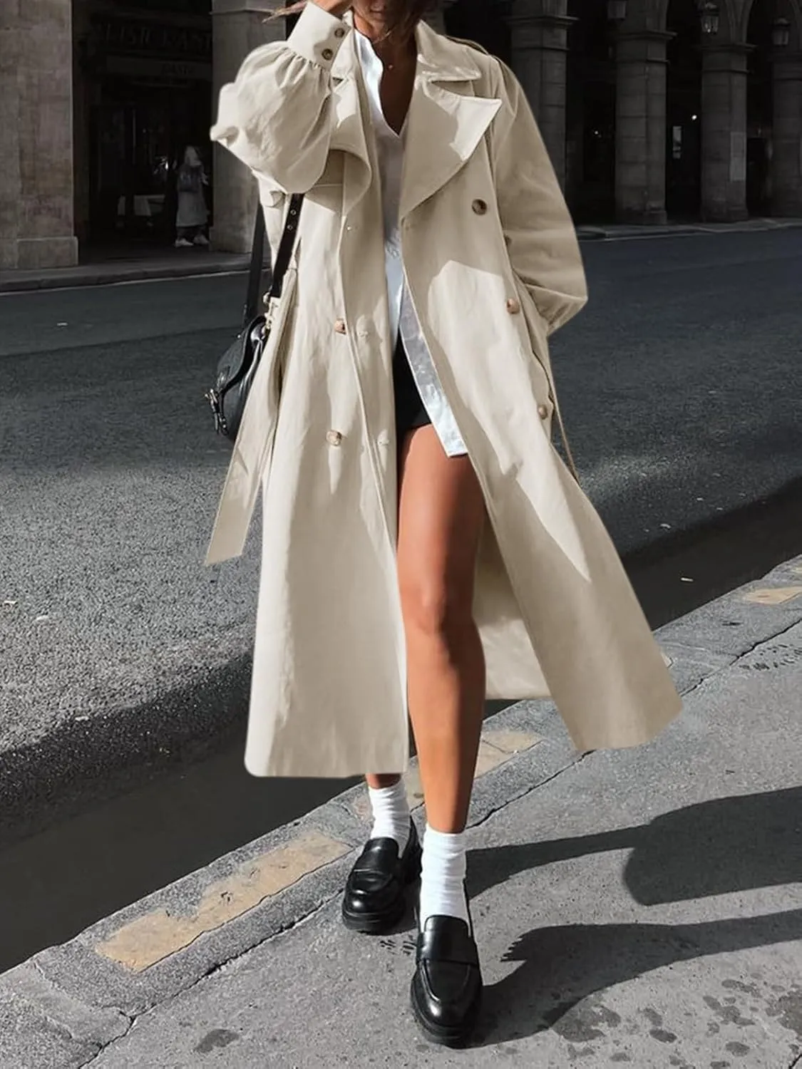 Tankaneo Womens Long Trench Coat Fall Fashion Oversized Double Breasted Lapel Overcoat Outerwear with Belt