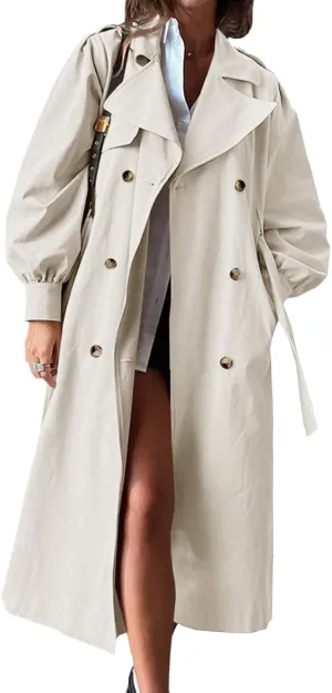 Tankaneo Womens Long Trench Coat Fall Fashion Oversized Double Breasted Lapel Overcoat Outerwear with Belt