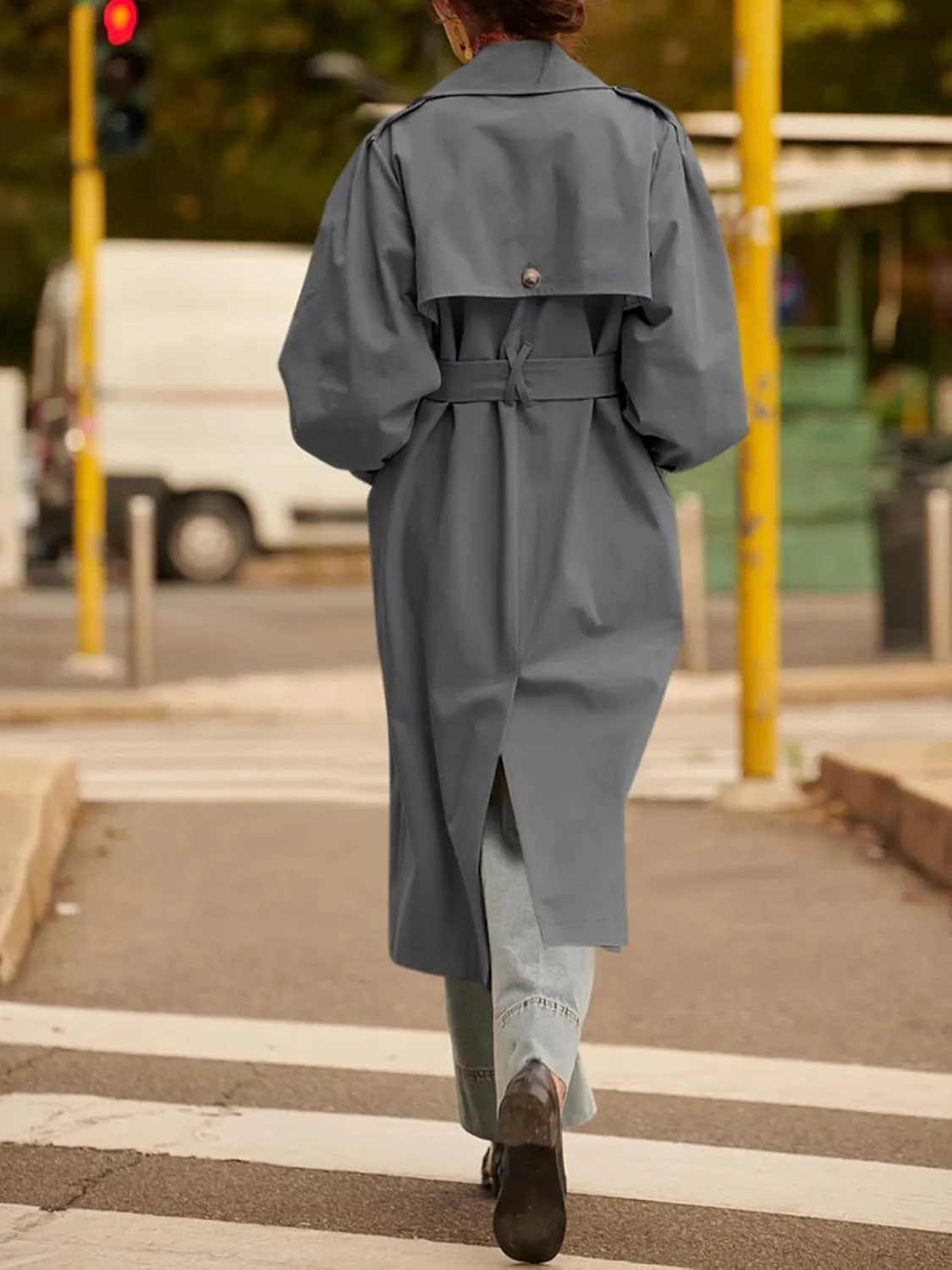 Tankaneo Womens Long Trench Coat Fall Fashion Oversized Double Breasted Lapel Overcoat Outerwear with Belt