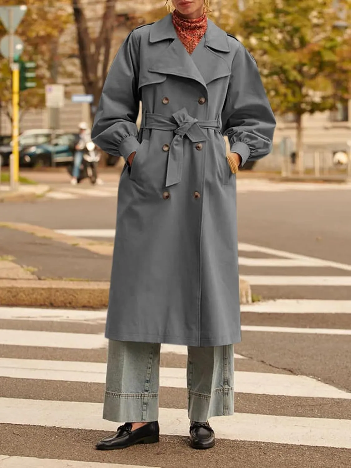 Tankaneo Womens Long Trench Coat Fall Fashion Oversized Double Breasted Lapel Overcoat Outerwear with Belt