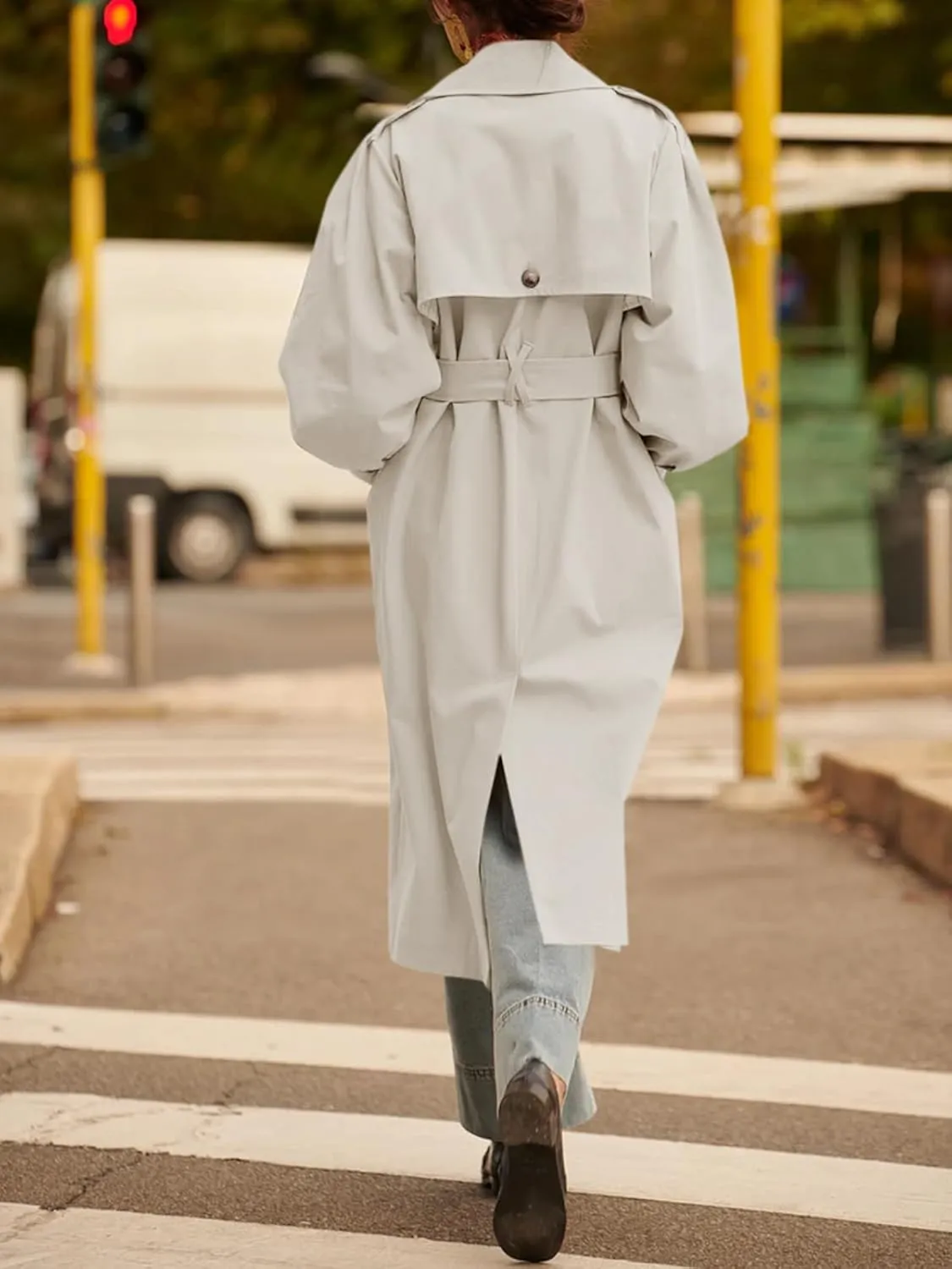 Tankaneo Womens Long Trench Coat Fall Fashion Oversized Double Breasted Lapel Overcoat Outerwear with Belt