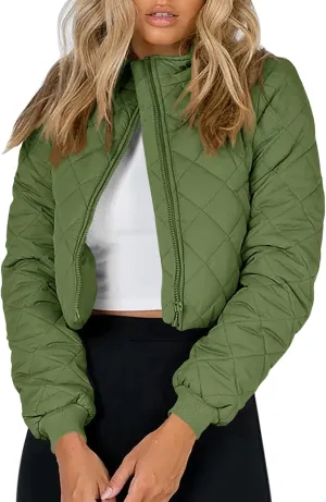 Tankaneo Women's Winter Cropped Puffer Jacket Quilted Zip Up Bomber Coat Fashion Outerwear with Pockets