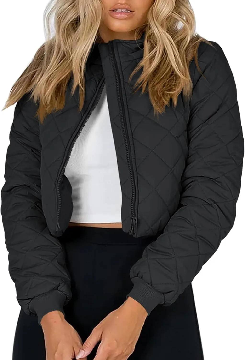 Tankaneo Women's Winter Cropped Puffer Jacket Quilted Zip Up Bomber Coat Fashion Outerwear with Pockets