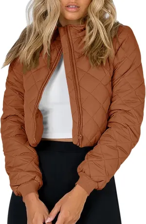Tankaneo Women's Winter Cropped Puffer Jacket Quilted Zip Up Bomber Coat Fashion Outerwear with Pockets
