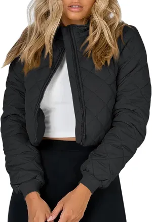Tankaneo Women's Winter Cropped Puffer Jacket Quilted Zip Up Bomber Coat Fashion Outerwear with Pockets