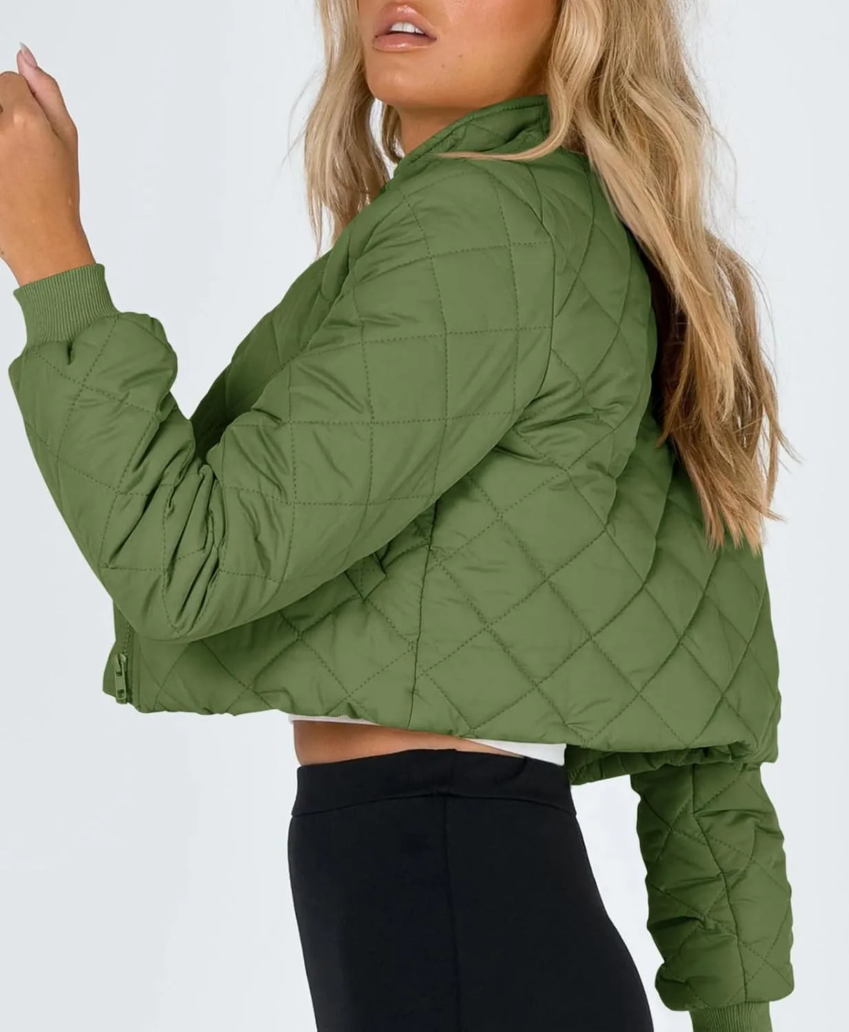 Tankaneo Women's Winter Cropped Puffer Jacket Quilted Zip Up Bomber Coat Fashion Outerwear with Pockets