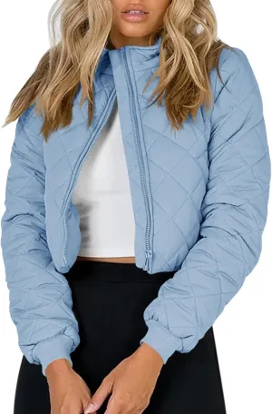 Tankaneo Women's Winter Cropped Puffer Jacket Quilted Zip Up Bomber Coat Fashion Outerwear with Pockets