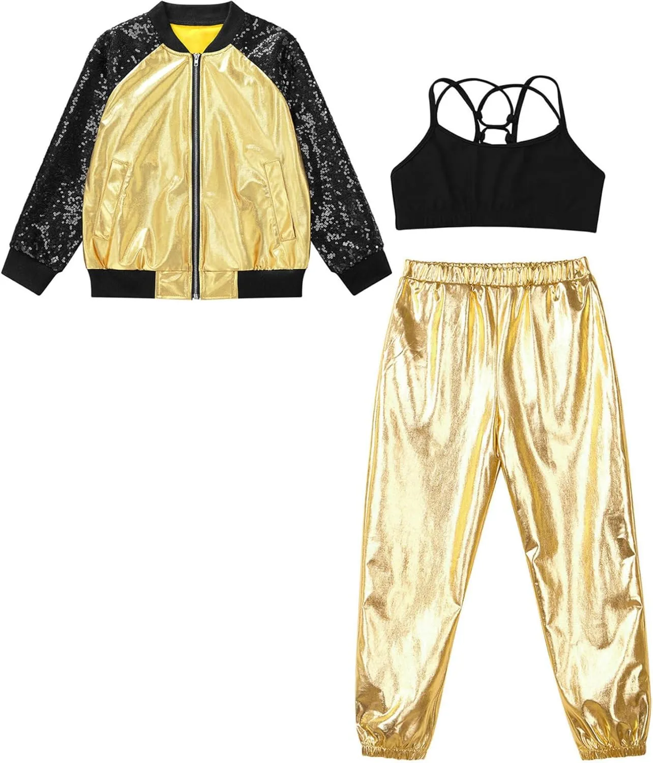 TiaoBug Kids Girls Long Sleeve Bomber Jacket Hip Hop Jazz Street Ballet Dance Coat Sports Bra Vest with Harem Pants Set