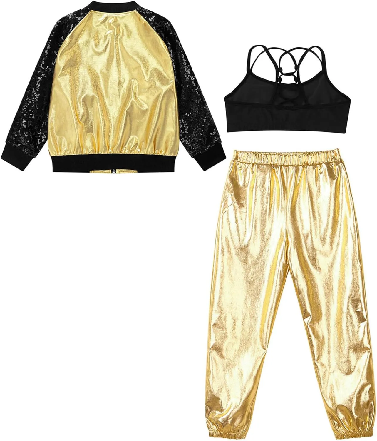 TiaoBug Kids Girls Long Sleeve Bomber Jacket Hip Hop Jazz Street Ballet Dance Coat Sports Bra Vest with Harem Pants Set