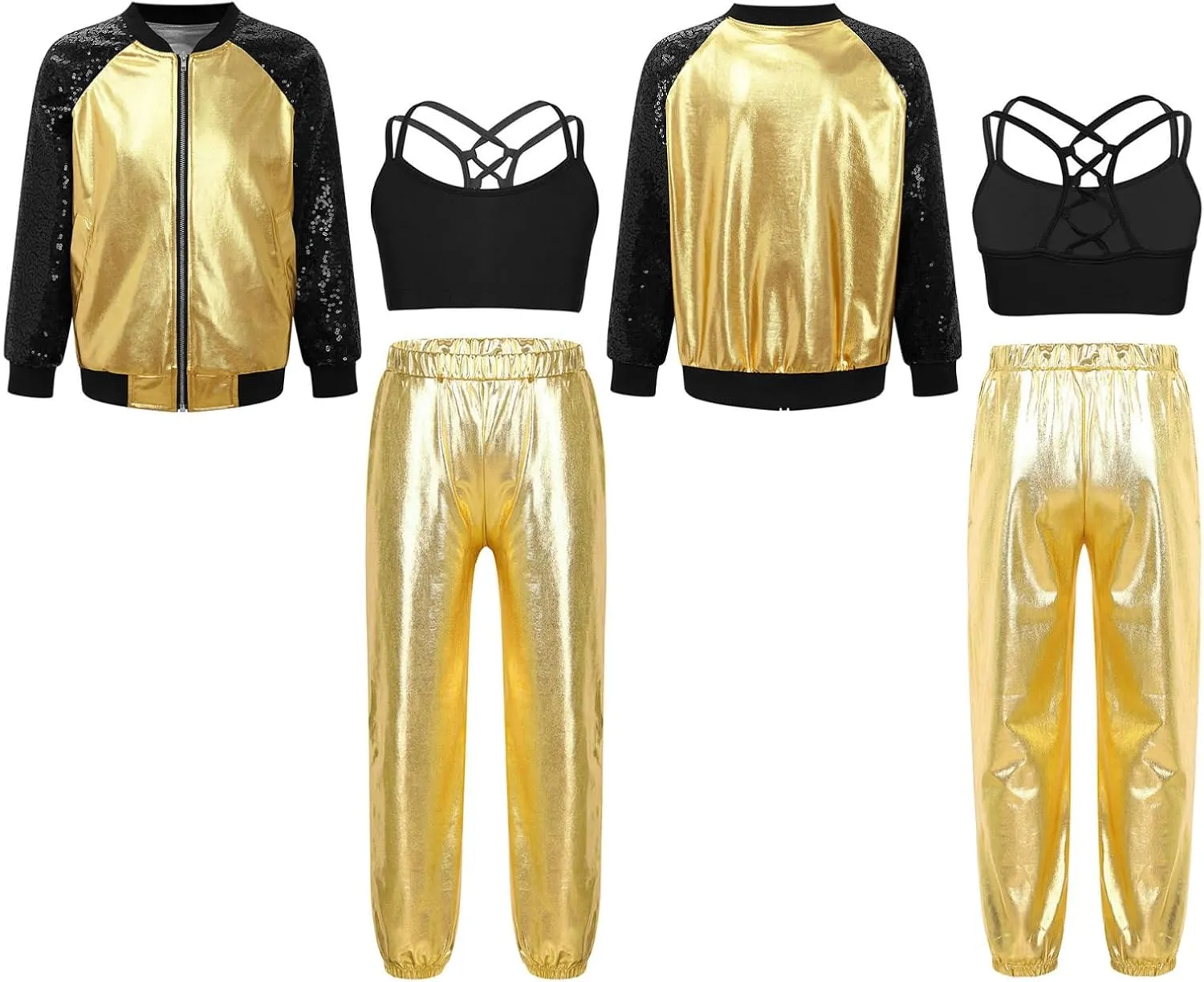 TiaoBug Kids Girls Long Sleeve Bomber Jacket Hip Hop Jazz Street Ballet Dance Coat Sports Bra Vest with Harem Pants Set