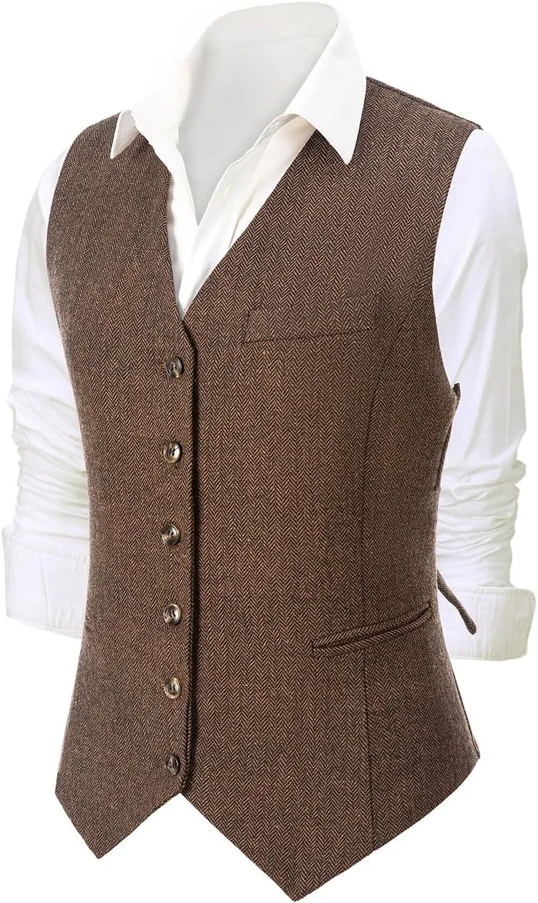 Tuikayoo Womens Herringbone tweed Sleeveless Slim Fit Button Down Top V Neck Outerwear Waistcoat Vest
