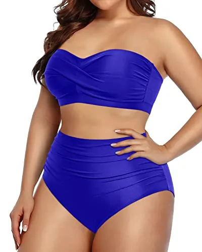 Twist-Front Plus Size High Waisted Bikini Set Bandeau Swimsuits For Women-Royal Blue