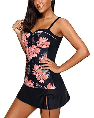 Two Piece Flattering Swim Skirts For Women Tankini Set-Black And Orange Floral