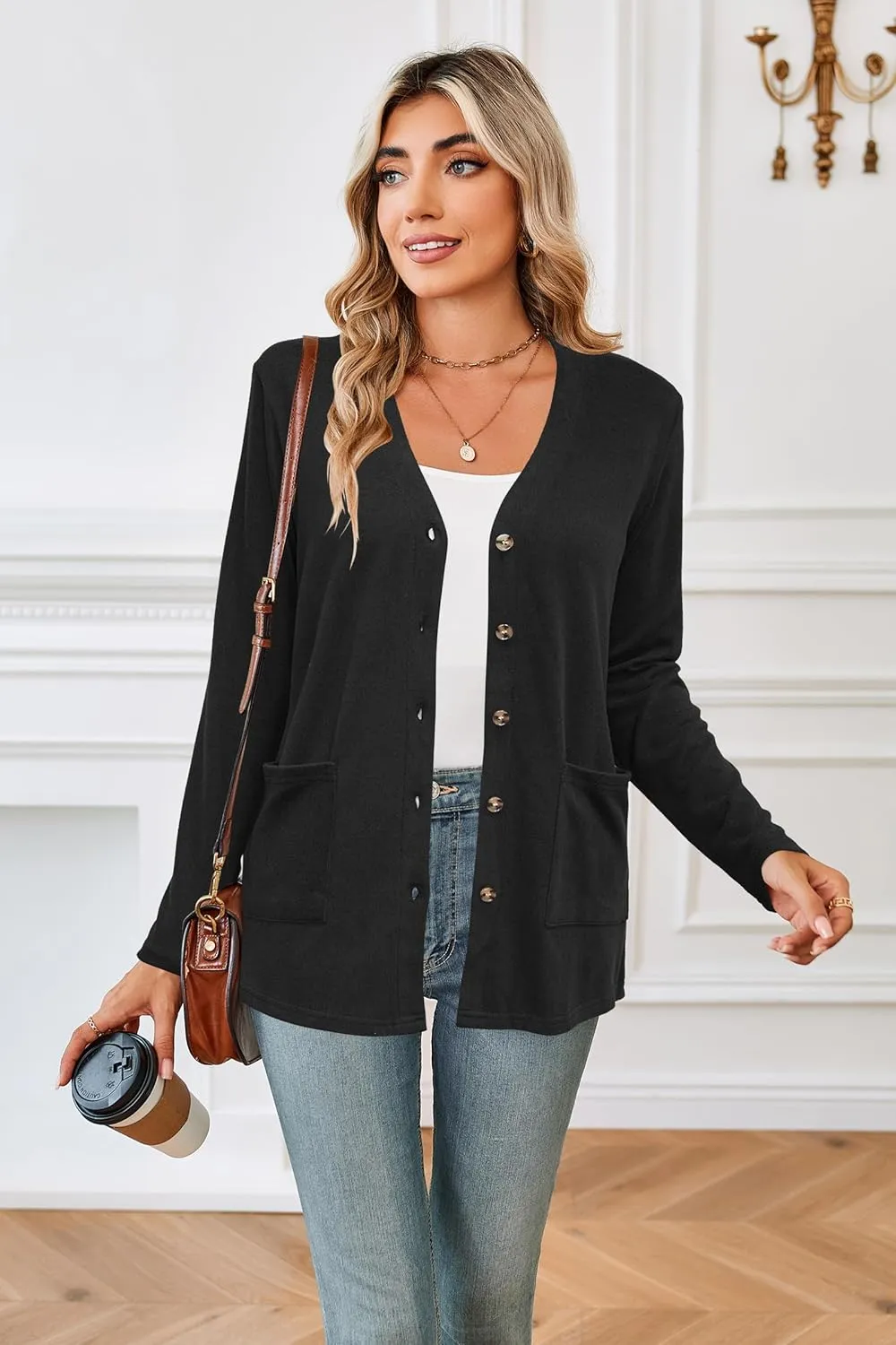 ULTRANICE Women's Cardigan Sweaters Lightweight Long Sleeve Open Front Knitted Button Down Cardigans Tops with Pockets