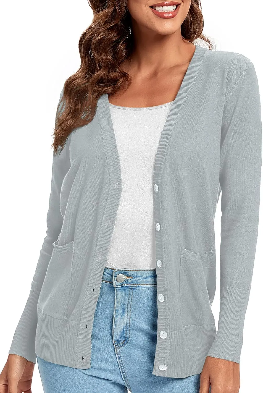 Urban CoCo Women's Lightweight Long Sleeve Cardigan Sweaters V-Neck Button Down Knit Sweater with Pockets