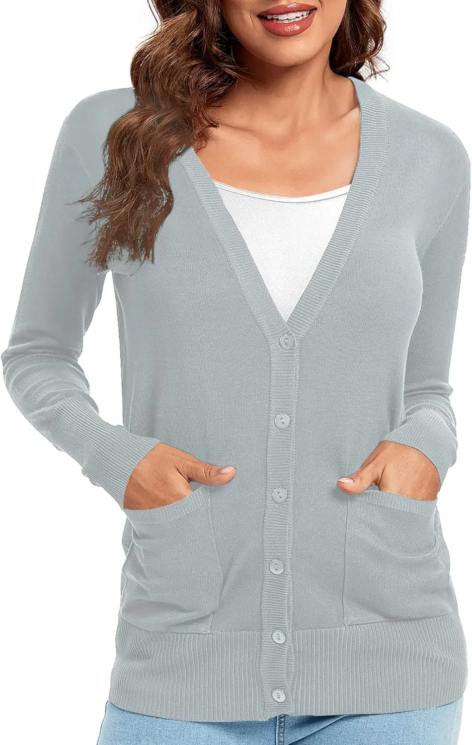 Urban CoCo Women's Lightweight Long Sleeve Cardigan Sweaters V-Neck Button Down Knit Sweater with Pockets