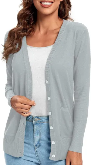 Urban CoCo Women's Lightweight Long Sleeve Cardigan Sweaters V-Neck Button Down Knit Sweater with Pockets