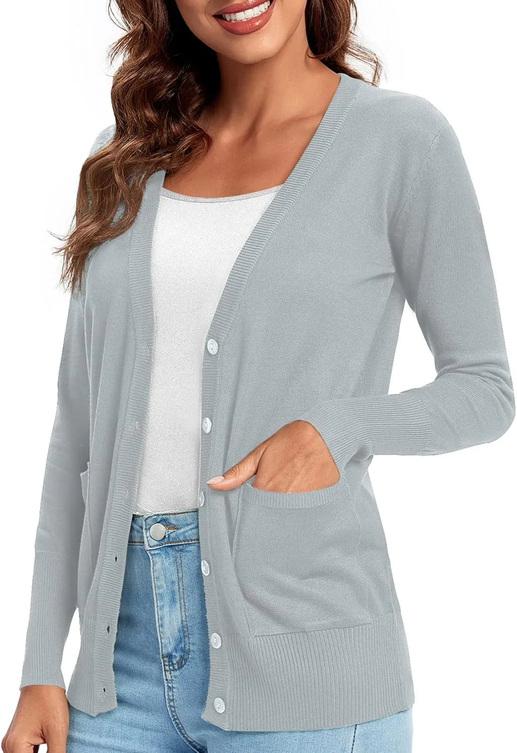 Urban CoCo Women's Lightweight Long Sleeve Cardigan Sweaters V-Neck Button Down Knit Sweater with Pockets