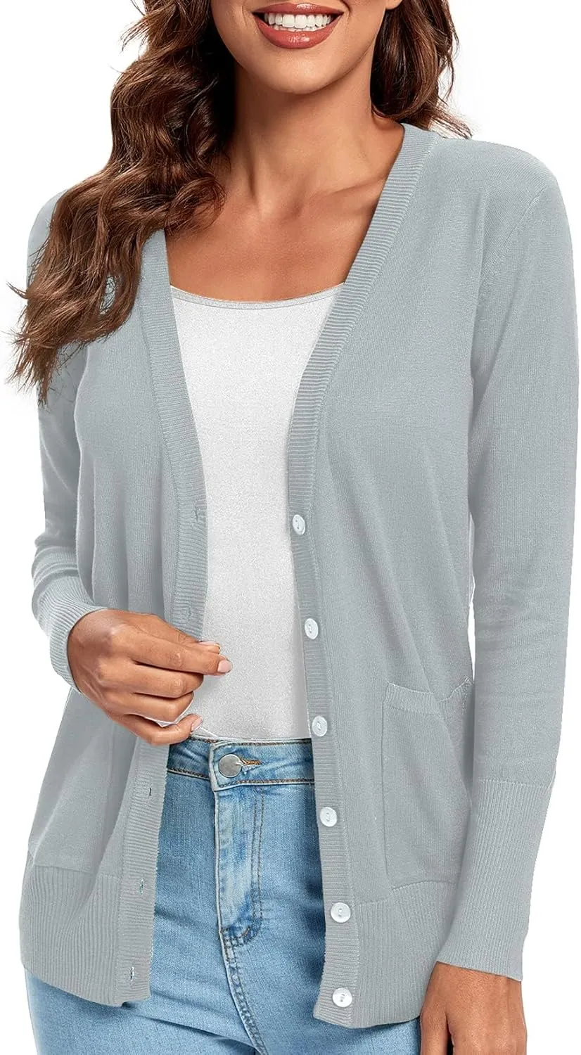Urban CoCo Women's Lightweight Long Sleeve Cardigan Sweaters V-Neck Button Down Knit Sweater with Pockets
