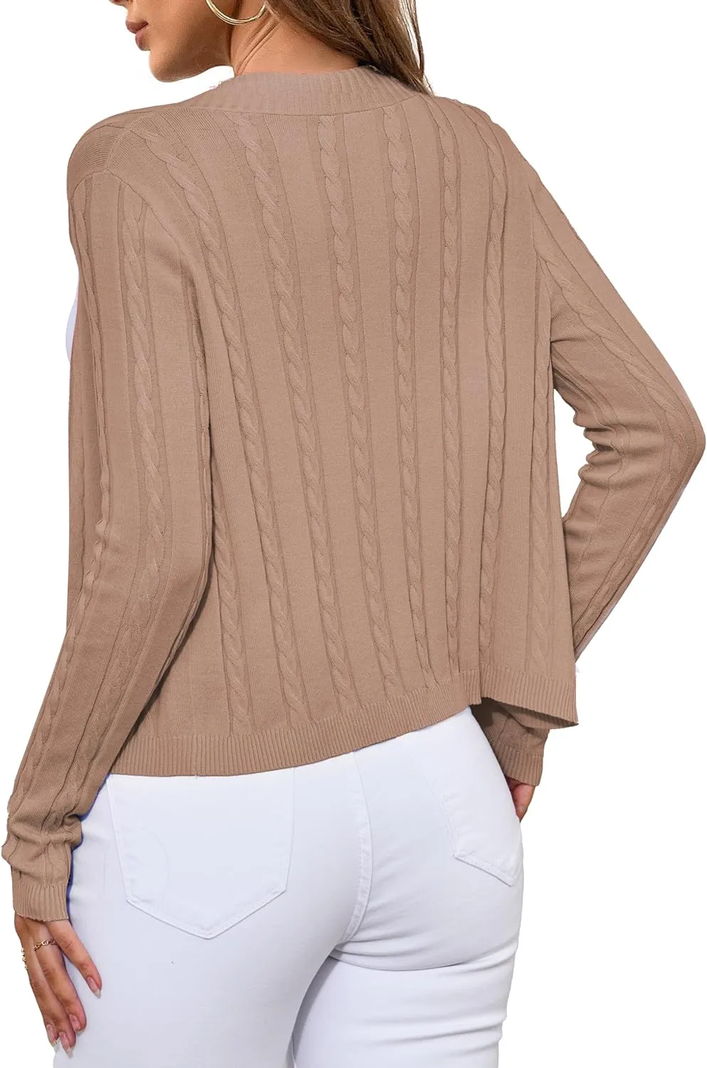 VERABENDI Womens Sweaters Cable Knit Open Front Buttons V Neck Lightweight Cropped Cardigan for Women