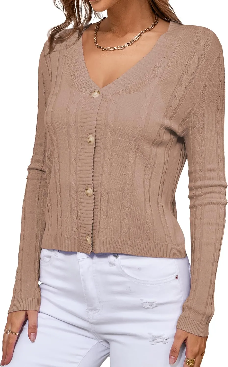 VERABENDI Womens Sweaters Cable Knit Open Front Buttons V Neck Lightweight Cropped Cardigan for Women