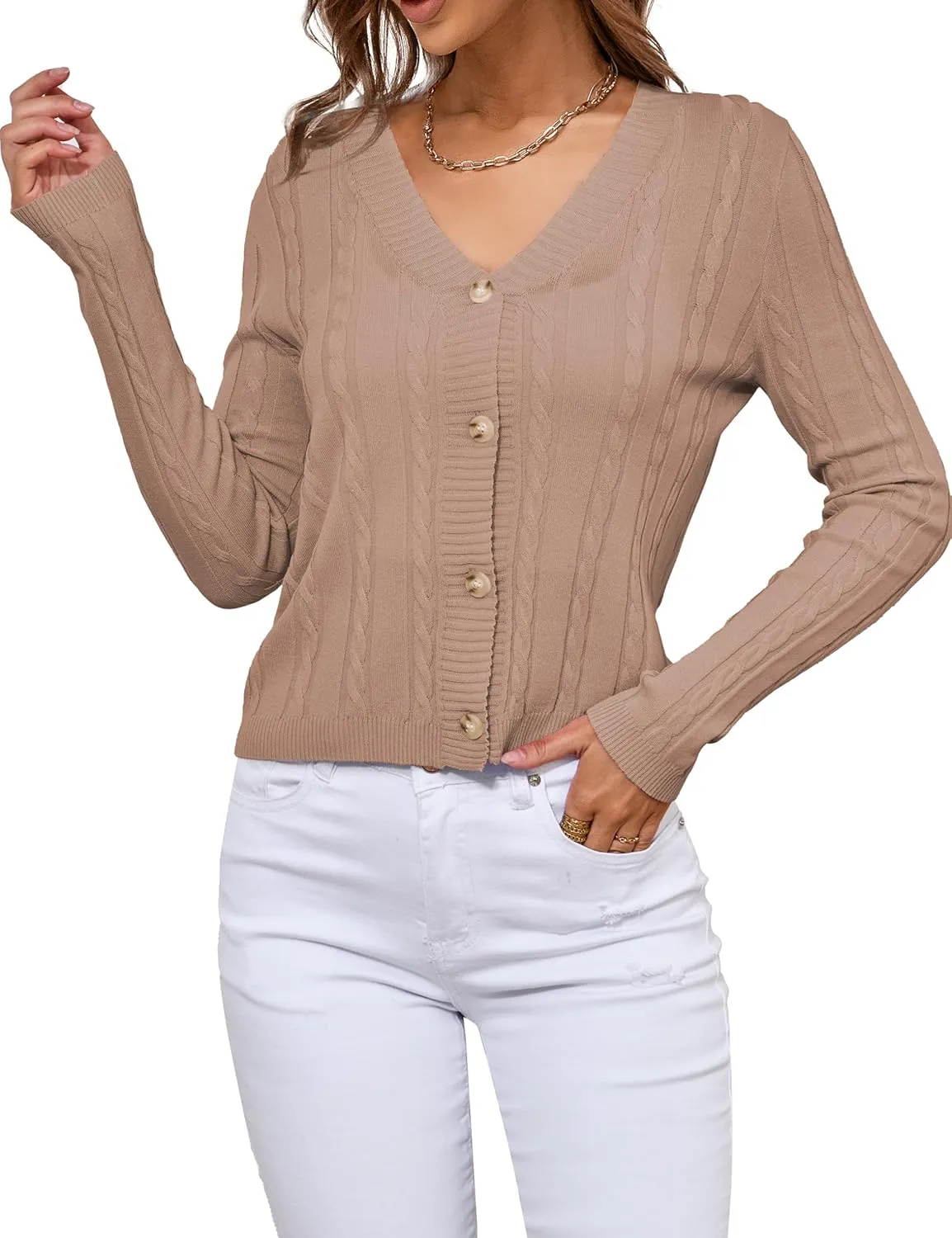 VERABENDI Womens Sweaters Cable Knit Open Front Buttons V Neck Lightweight Cropped Cardigan for Women