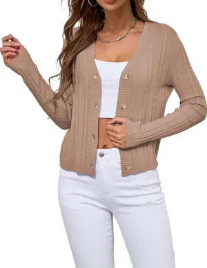 VERABENDI Womens Sweaters Cable Knit Open Front Buttons V Neck Lightweight Cropped Cardigan for Women