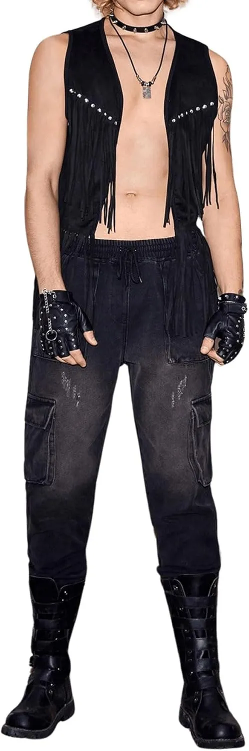 Verdusa Men's Sleeveless V Neck Studded Detail Fringe Trim Open Front Vest Jacket