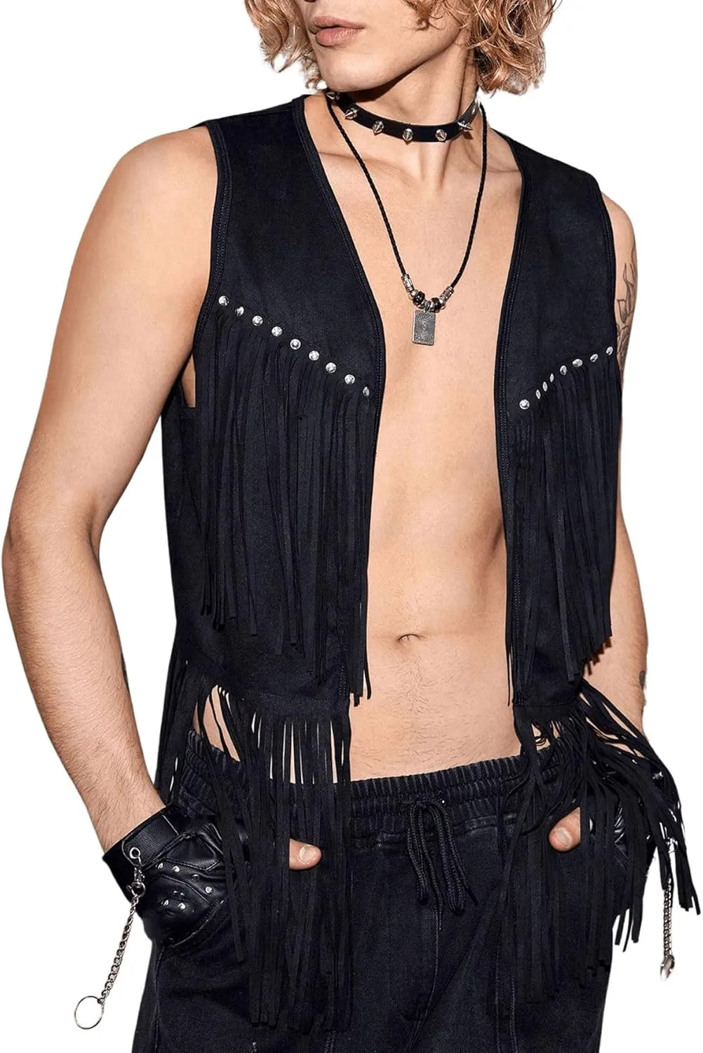 Verdusa Men's Sleeveless V Neck Studded Detail Fringe Trim Open Front Vest Jacket