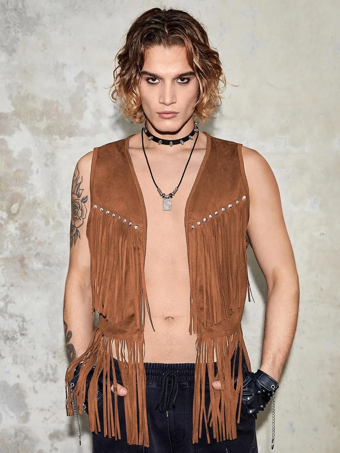 Verdusa Men's Sleeveless V Neck Studded Detail Fringe Trim Open Front Vest Jacket