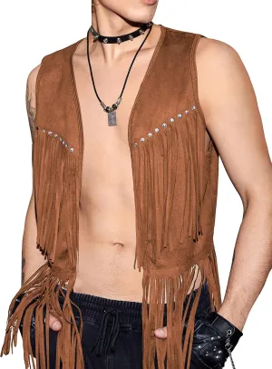 Verdusa Men's Sleeveless V Neck Studded Detail Fringe Trim Open Front Vest Jacket