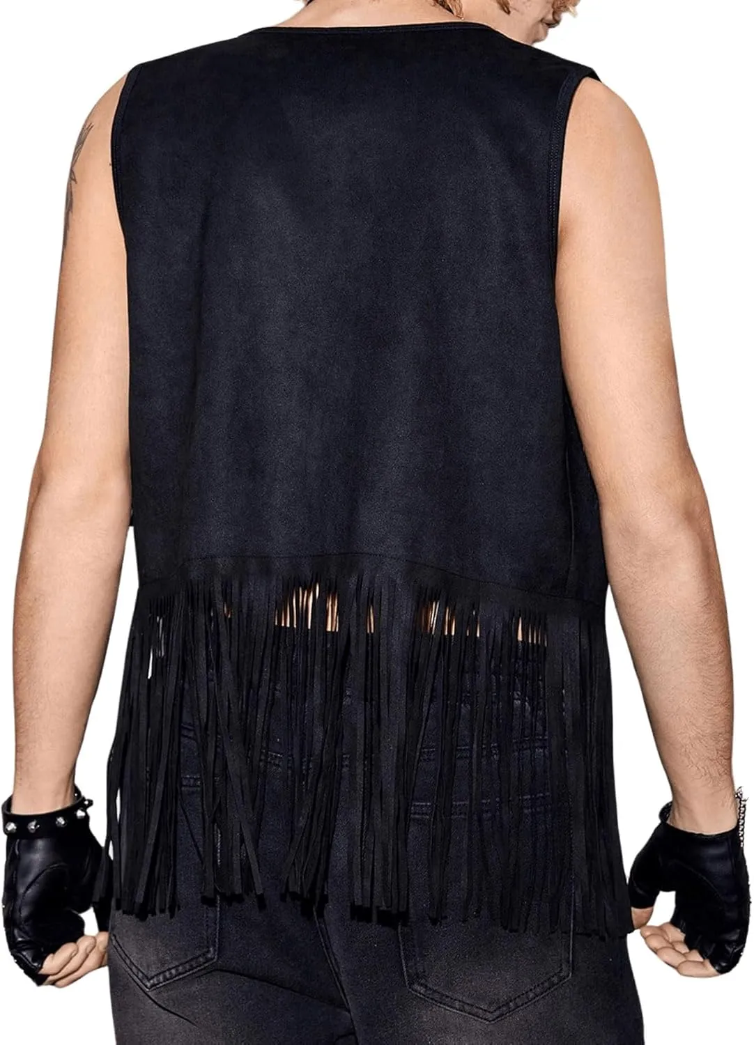 Verdusa Men's Sleeveless V Neck Studded Detail Fringe Trim Open Front Vest Jacket