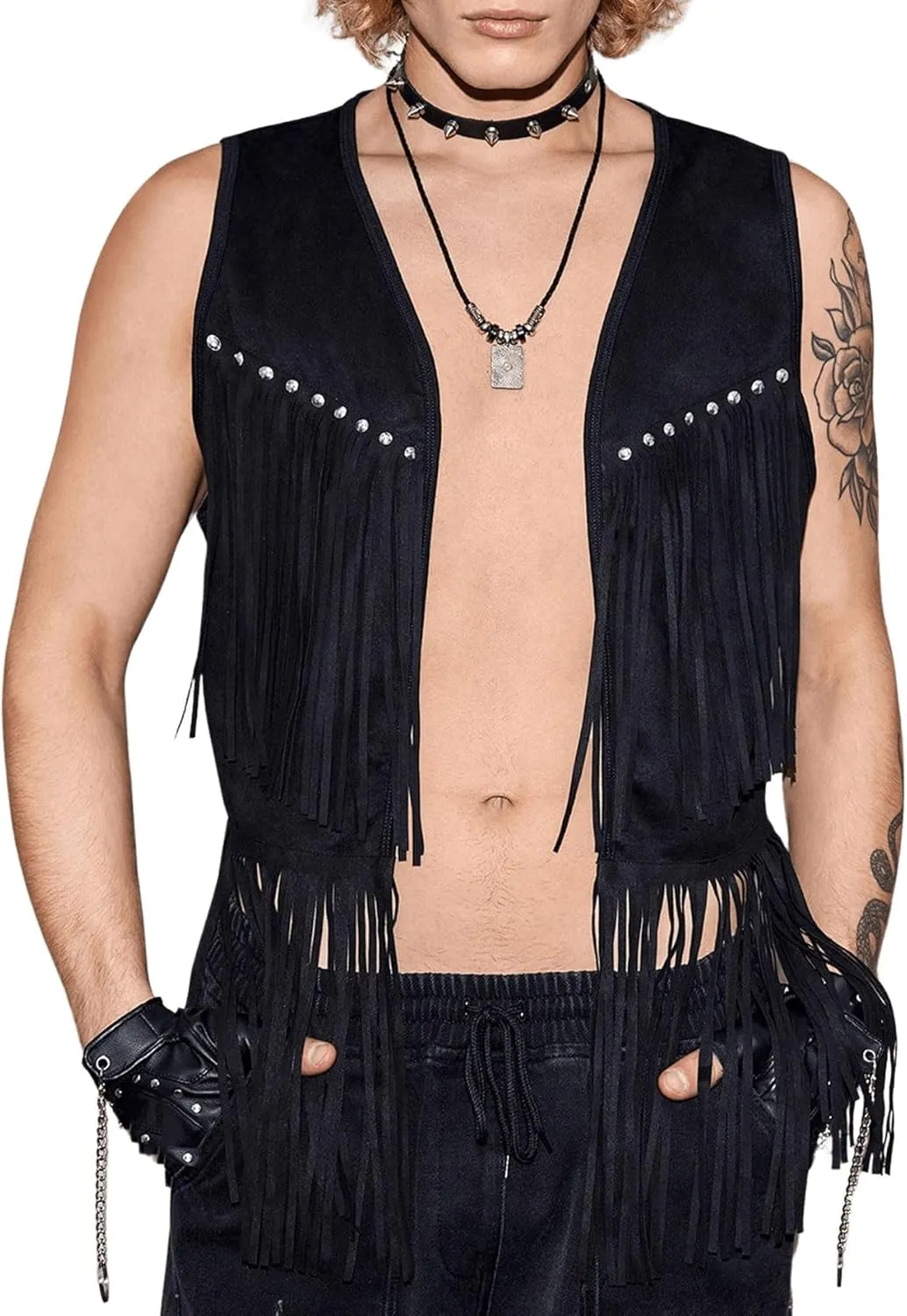 Verdusa Men's Sleeveless V Neck Studded Detail Fringe Trim Open Front Vest Jacket