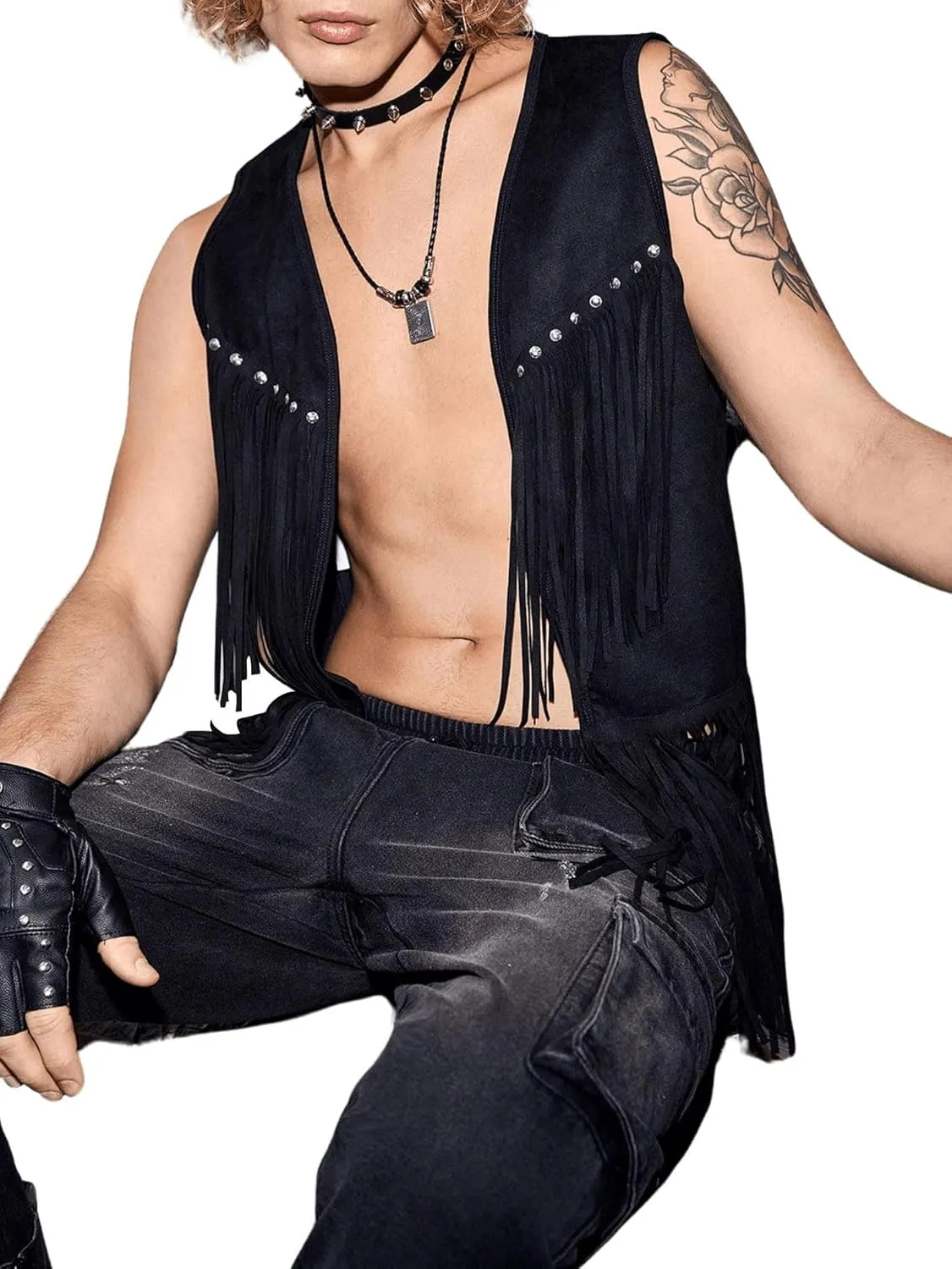 Verdusa Men's Sleeveless V Neck Studded Detail Fringe Trim Open Front Vest Jacket